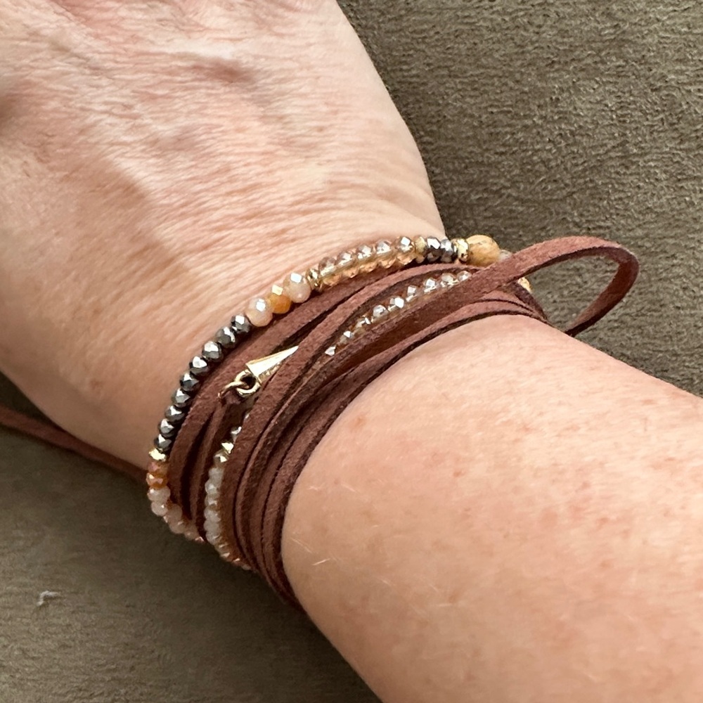 Brown Leather Wrap Bracelet or Necklace with Beads